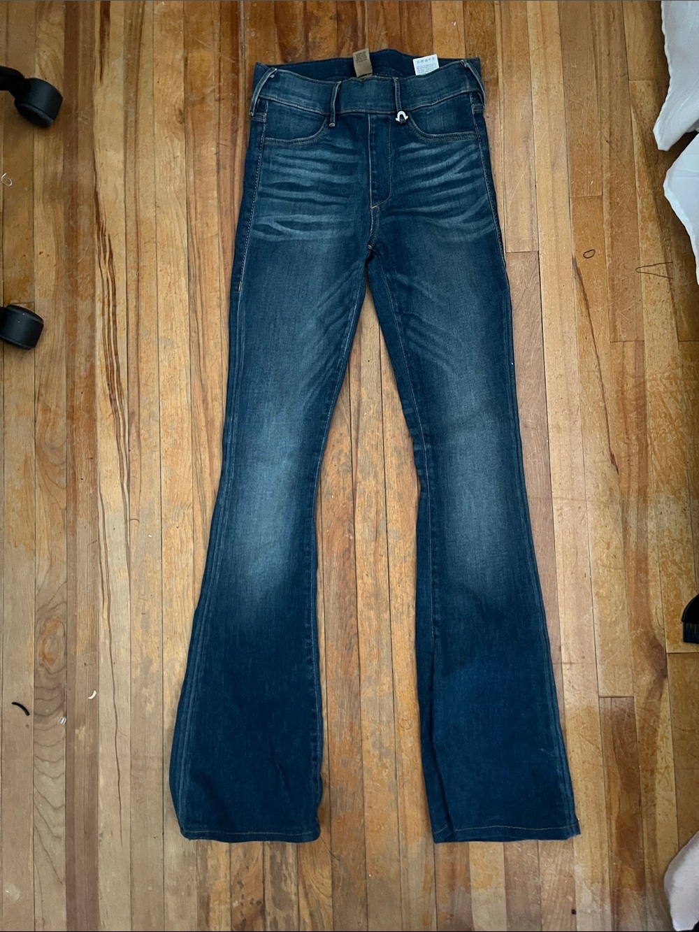 True Religion Dark Blue Flare Jeans - Faded Stretch Denim Jeggings